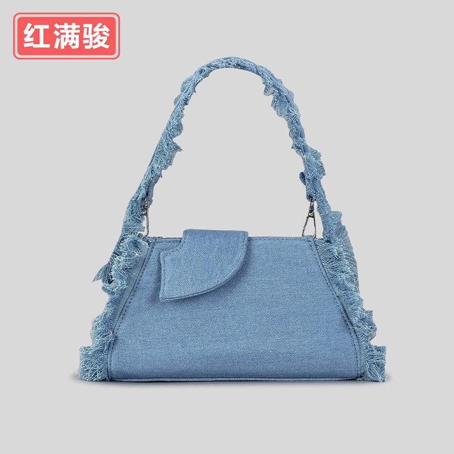 Denim Canvas Armpit Plush Fringed Tote Bag