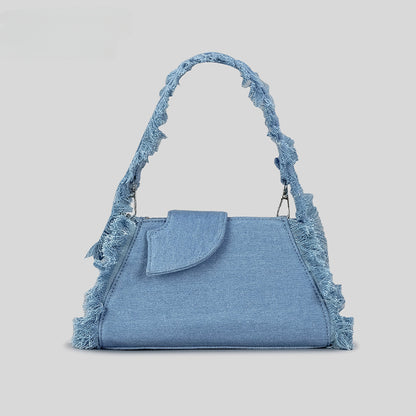 Denim Canvas Armpit Plush Fringed Tote Bag